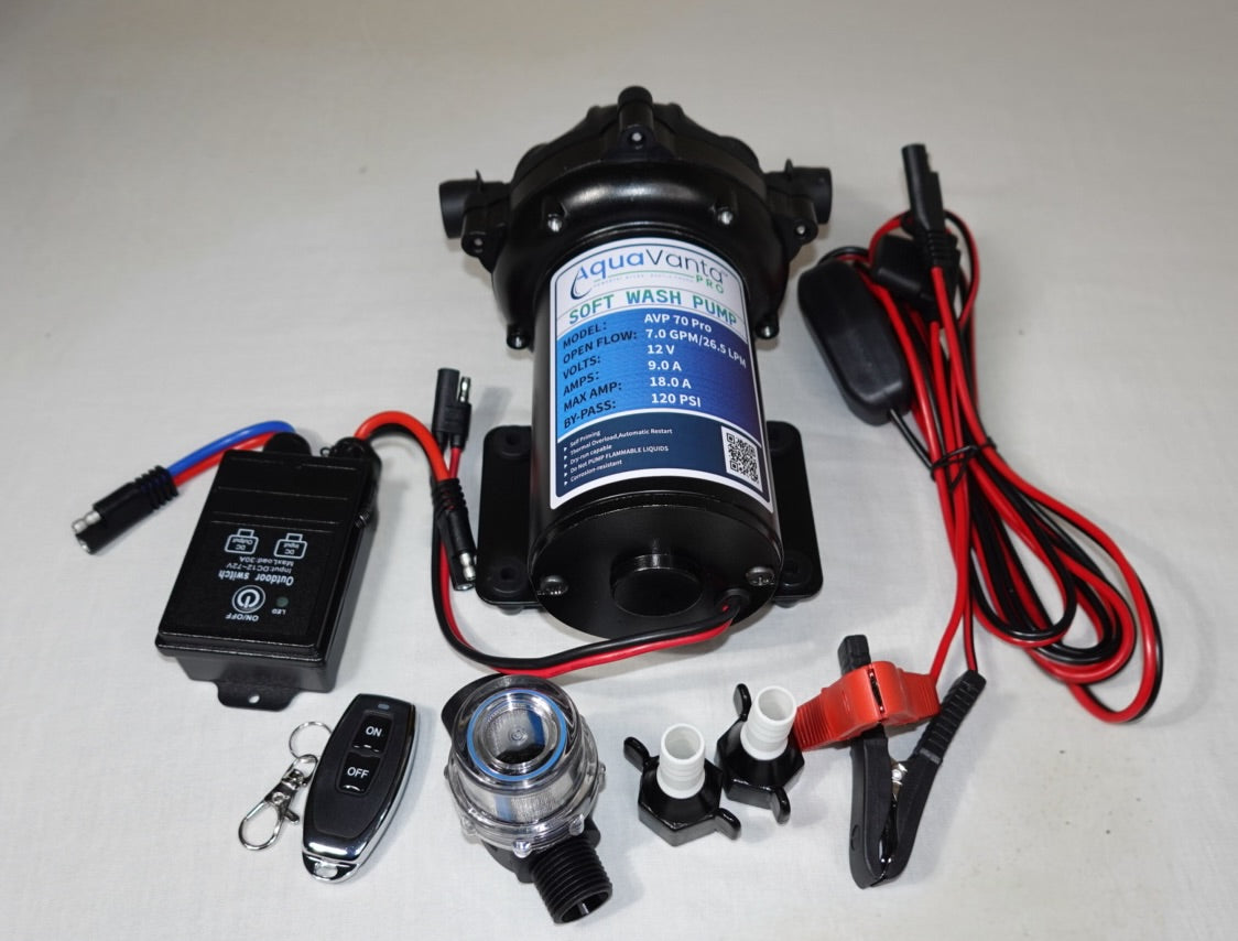 12v SOFTWASH PUMP (COMPLETE KIT WITH REMOTE AND 1/2” fittings