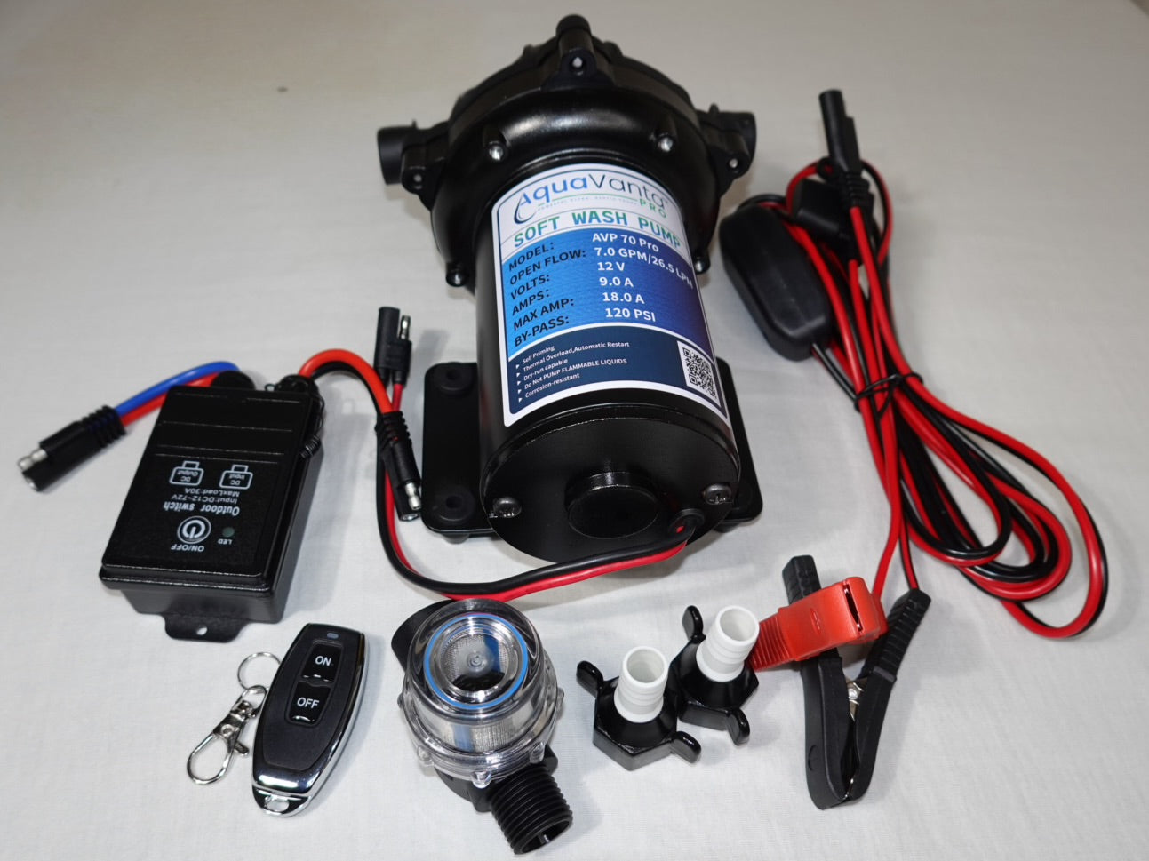 12v SOFTWASH PUMP (COMPLETE KIT WITH REMOTE AND 1/2” fittings