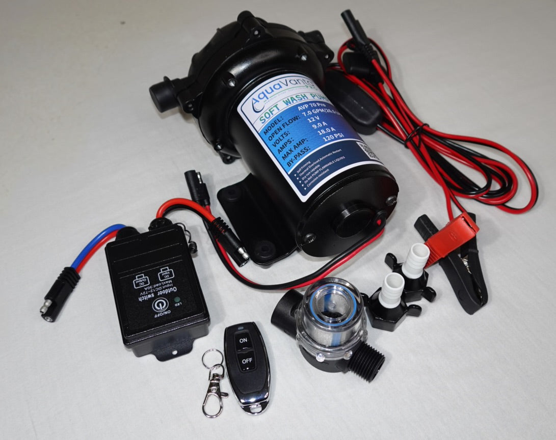 12v SOFTWASH PUMP (COMPLETE KIT WITH REMOTE AND 1/2” fittings