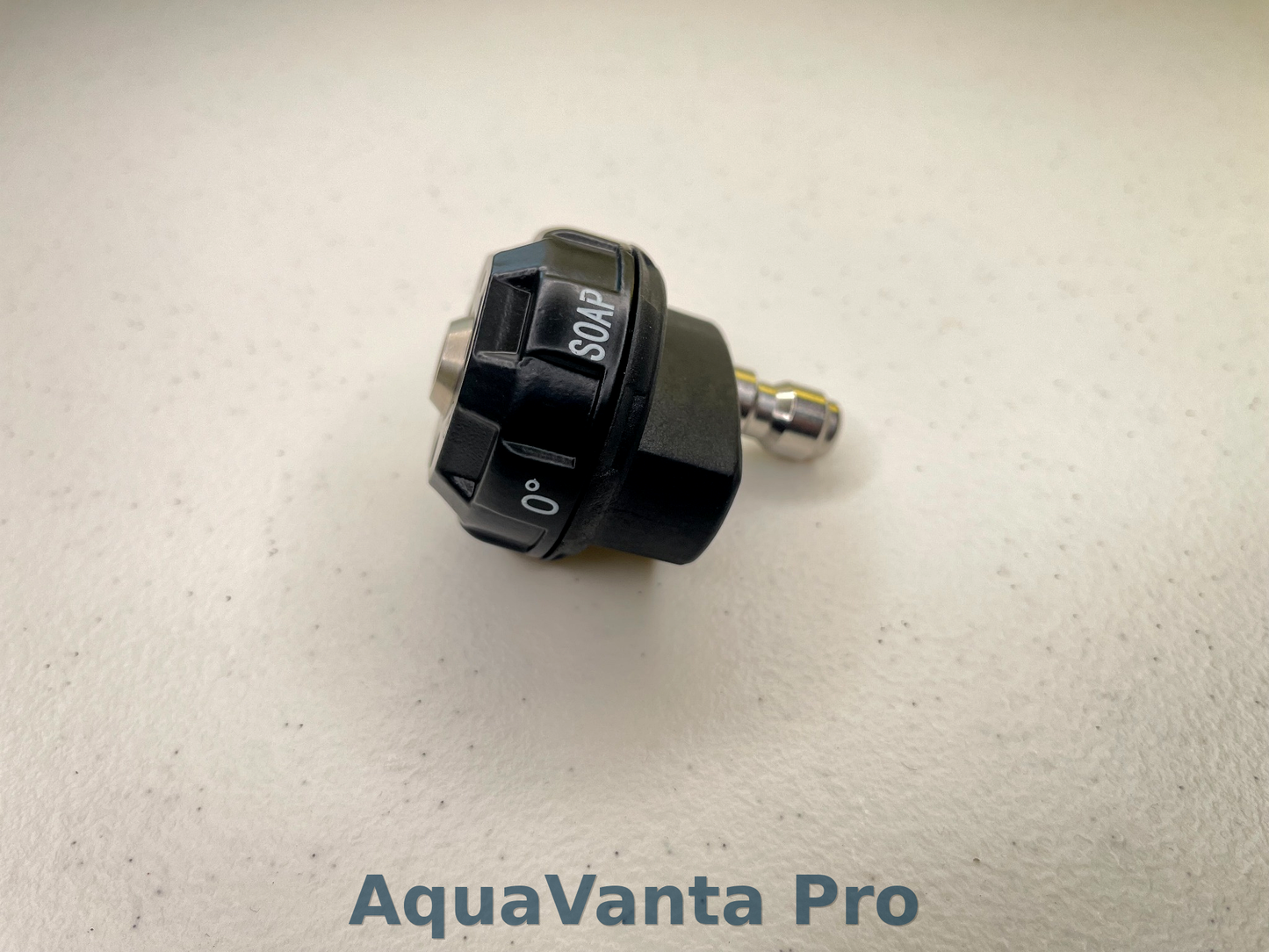 Black valve with 'SOAP' marking on a beige background, featuring 'AquaVanta Pro' branding.