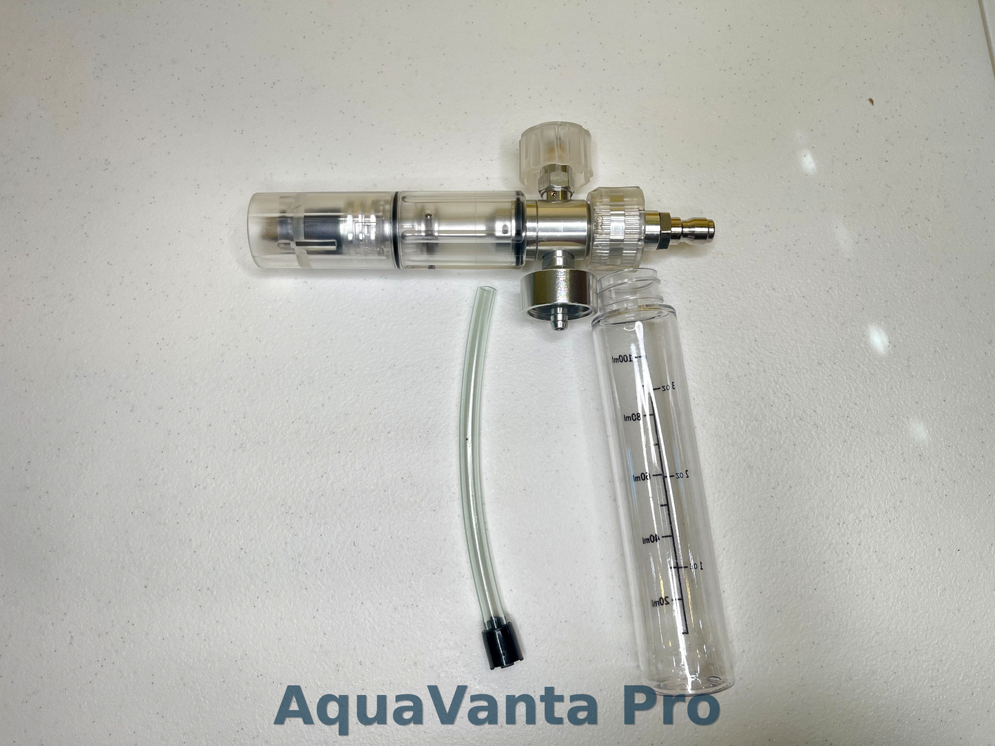 Clear medical device with tubing labeled 'AquaVanta Pro' on a white background
